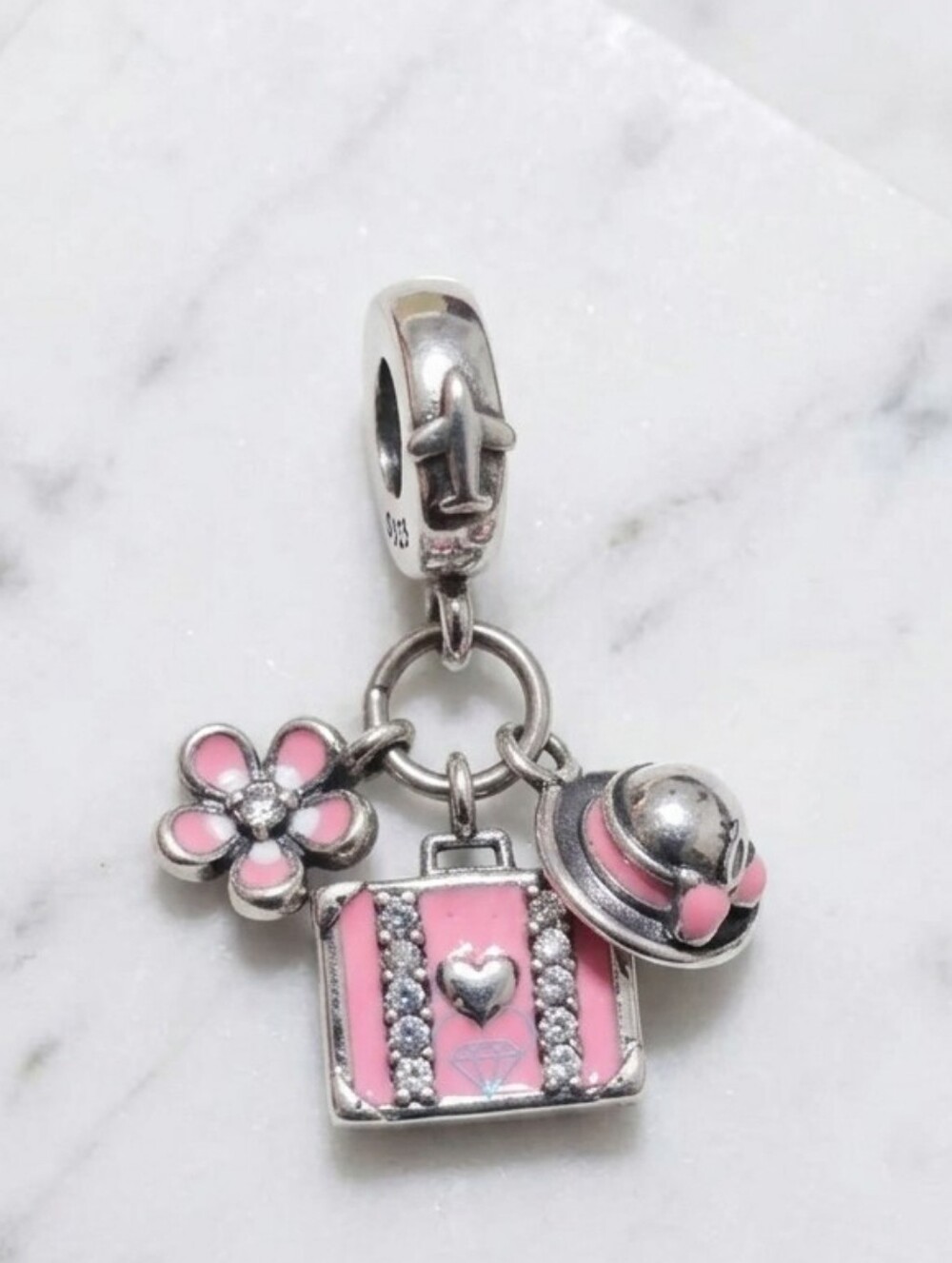 Sterling Silver Pink Travel Charm Dangle with Flower & Hat